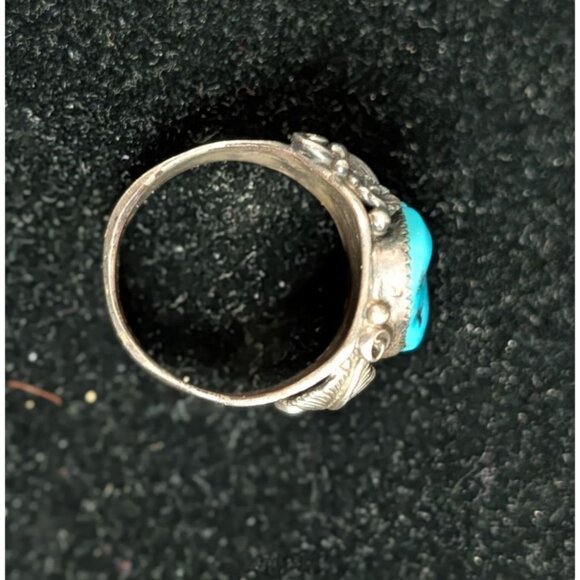 Vintage Turquoise Ring Intricate Silver Leaf Design Southwestern Statement - Picture 8 of 14